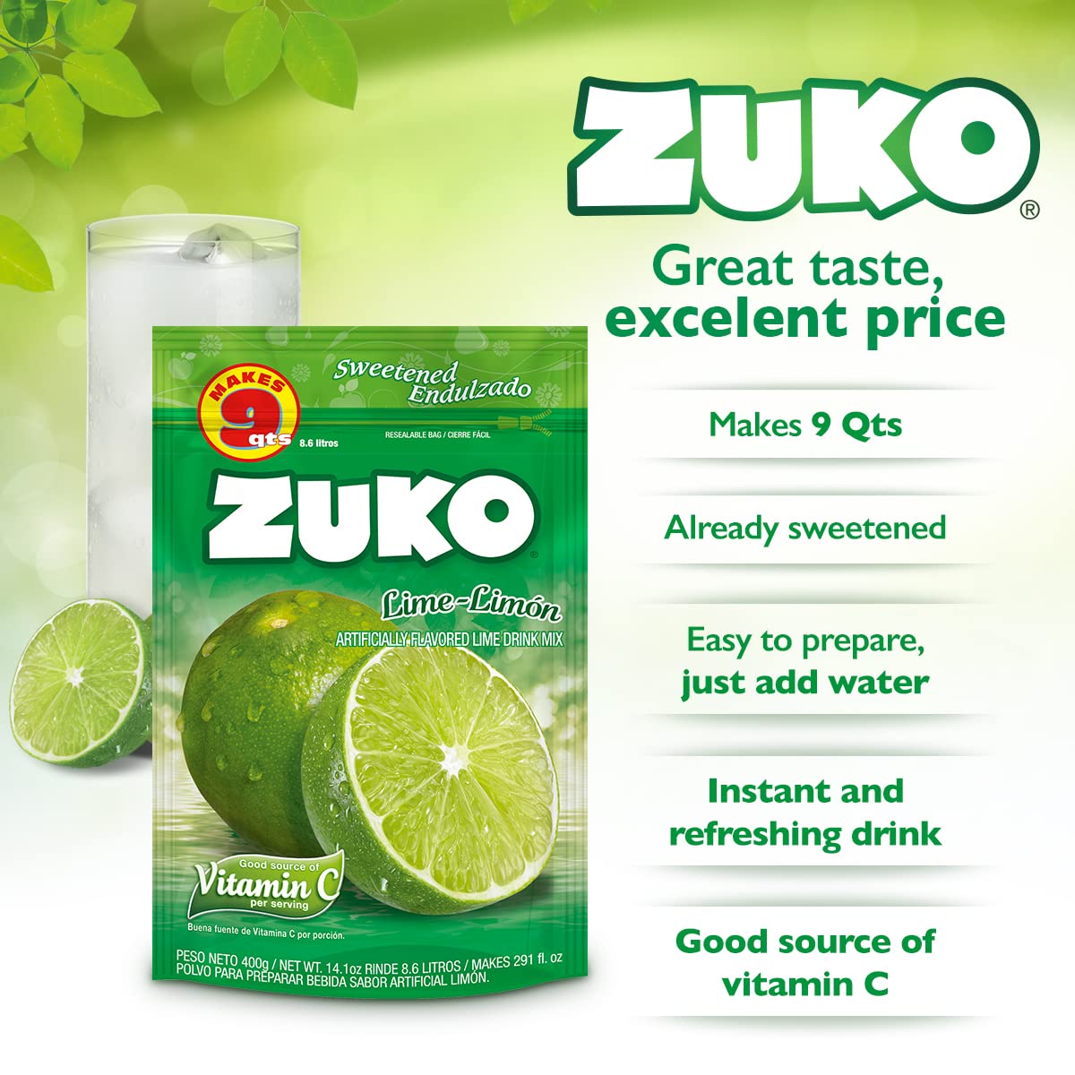 Zuko Lime Instant Powder Drink Family Pack, 14.1 oz, Pack of 6