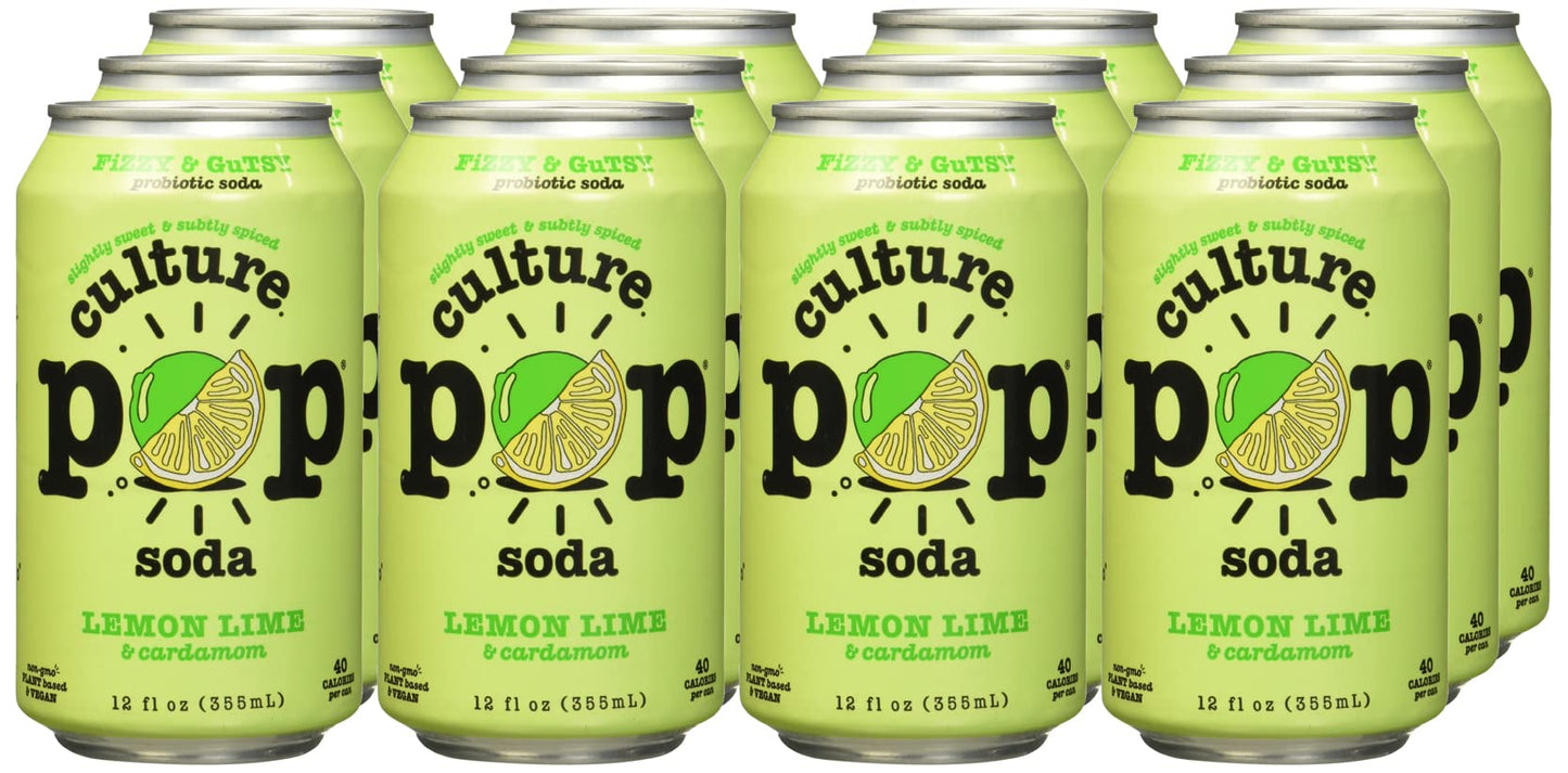 Culture Pop Lemon Lime & Cardamom Probiotic Soda, Plant Based, 12 Fluid Ounces (Pack Of 12)