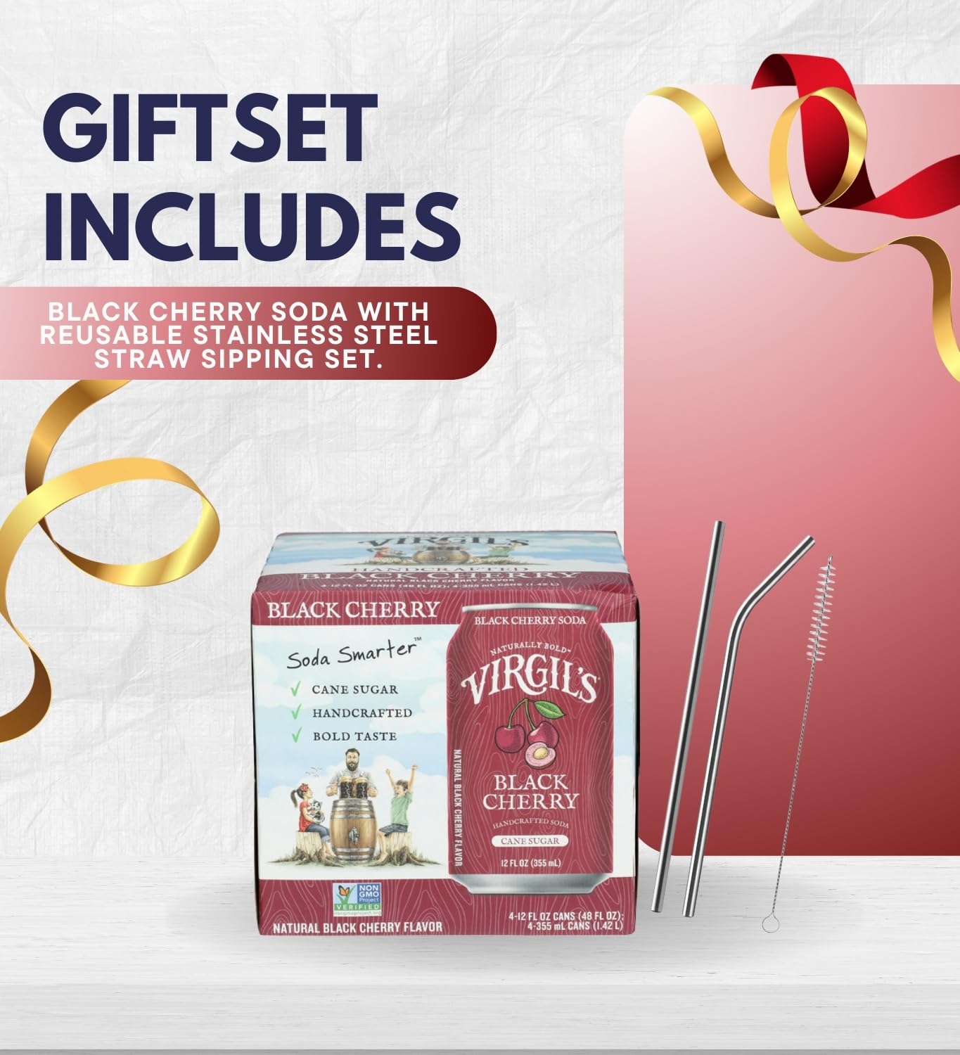 Virgil's Root Beer Soda Black Cherry (48 FO) Bundle with Straw for Enjoying Bold Fruity Flavor & Convenient Sipping — Gift Set (2 Items)