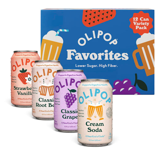 OLIPOP Prebiotic Soda Pop, Favorites Variety, Pantry Pack Packed with Prebiotics, Fiber, and Botanicals, Gluten Free, GMO Free, 12oz (12-Cans)