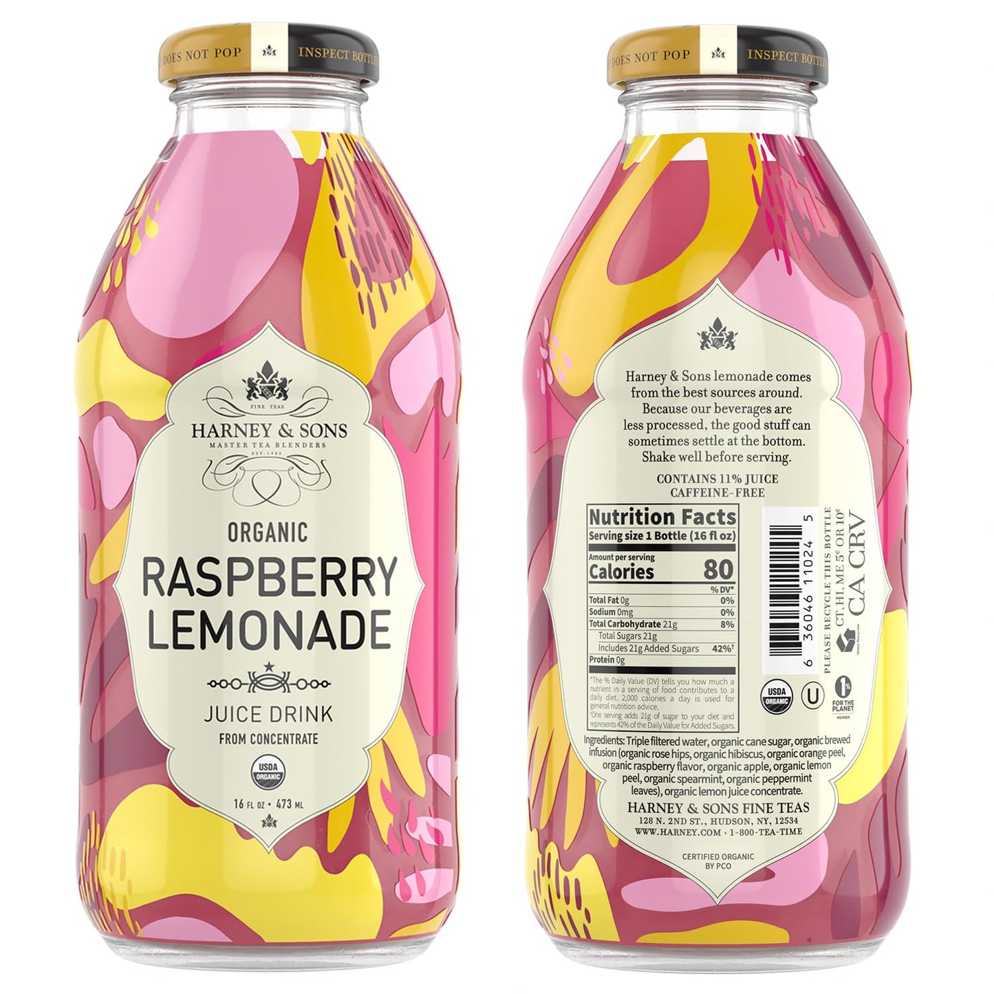 Harney and Sons Raspberry Lemonade Juice Drink, Glass Bottles, 16 ounce, (Pack of 12)