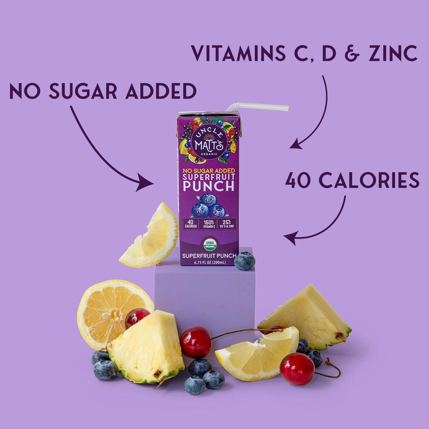 Uncle Matt’s Organic Juice Boxes – 32 pack, No Added Cane Sugar Superfruit Punch, USDA Organic, Only 40 Calories, with Vitamin C, D, & Zinc, Kid-Friendly Juice Drinks