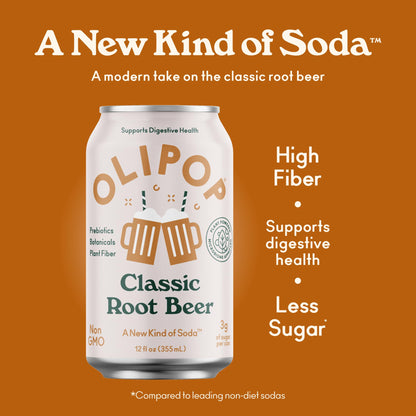 OLIPOP Prebiotic Soda Pop, Classic Root Beer, Prebiotics, Botanicals, Plant Fiber, 12 fl oz (4 Cans)