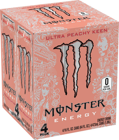 Monster Energy Ultra Peachy Keen, Sugar Free Energy Drink, 16 Ounce (Pack of 4)