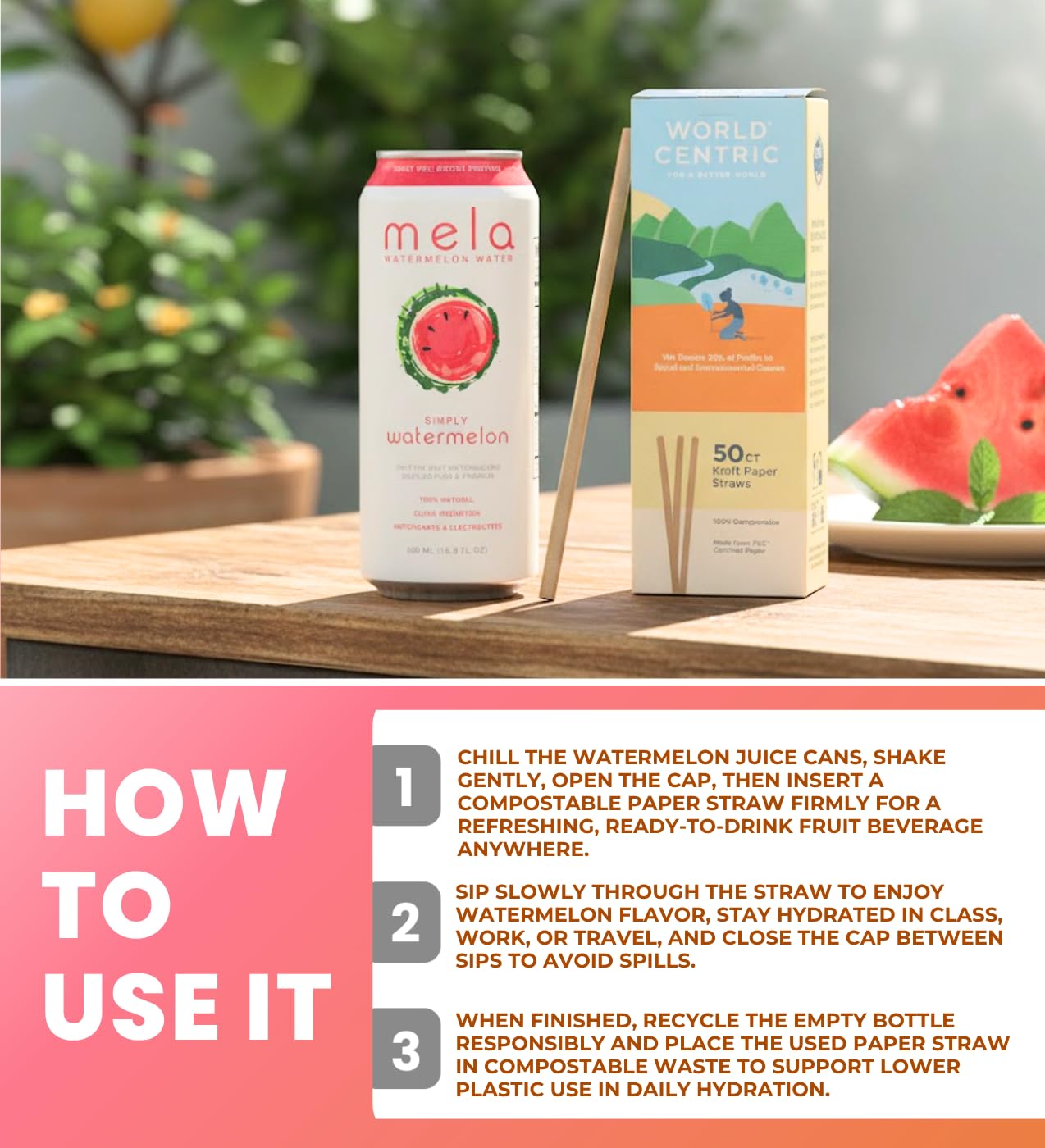 4x Juice Watermelon 16.9 fl oz Bundle with Paper Straw 50-Pack — Organic Watermelon Juice Refreshing Beverage Rich in Vitamin C and Naturally Sweet Flavor — Gift Set (5 Items)