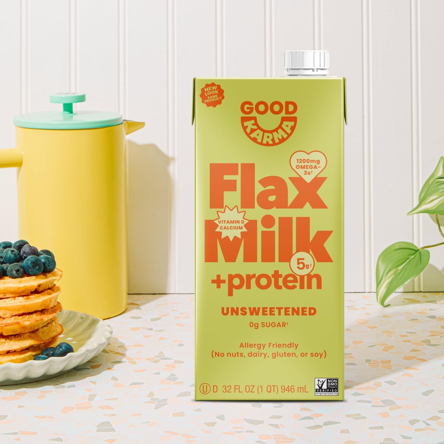 Good Karma Unsweetened Flaxmilk +Protein, 32 Ounce (Pack of 6), 5g Plant Protein + 1200mg Omega-3 Per Serving, Plant-Based Non-Dairy Milk Alternative, Lactose Free, Nut Free, Vegan, Shelf Stable