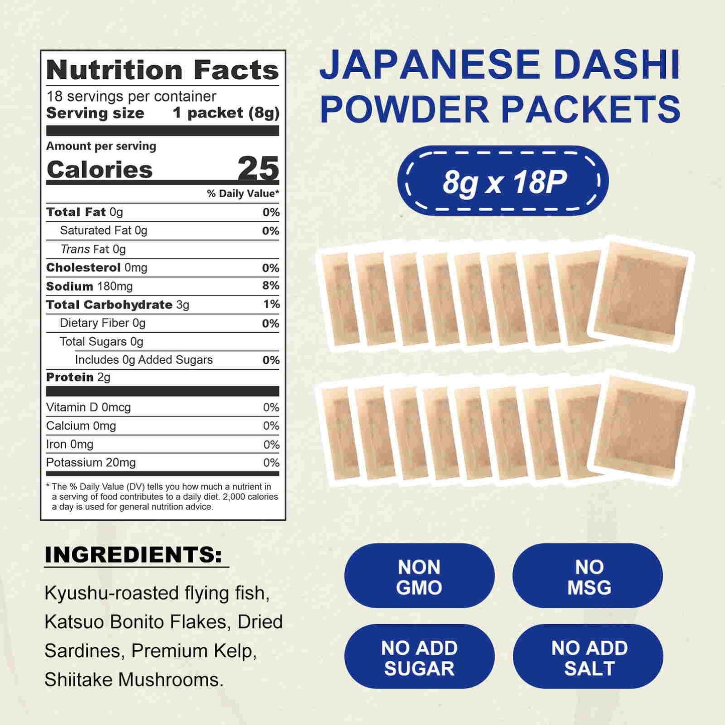 JAYUSS Japanese Dashi Packet, Traditional Dashi Soup Stock 8g×18pacs, No MSG, No Additives 5 Natural Ingredients Perfect Base for Soups, Stews, Stir-fries 5.08 Oz