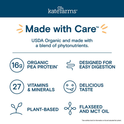 KATE FARMS Organic Nutrition Shake, Chocolate, 16g protein, 27 Vitamins and Minerals, Protein Meal Replacement Drink, Plant Based, 11 oz (6 Pack)