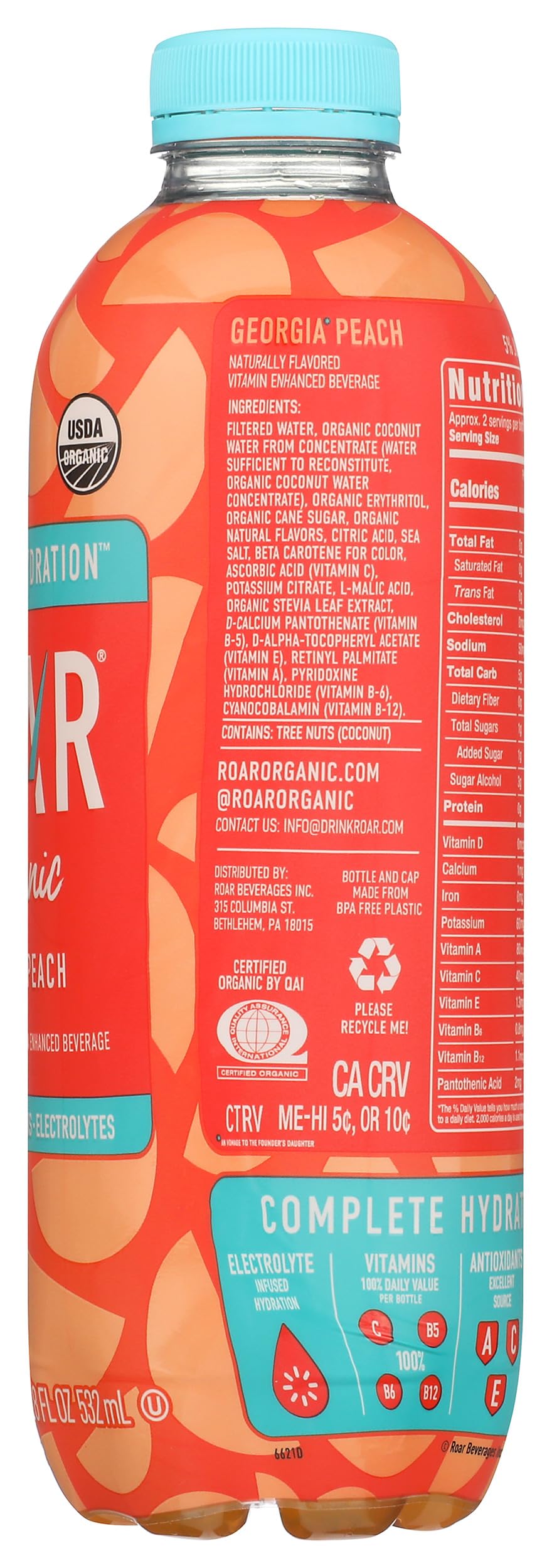 Roar, Drink Hydration Georgia Peach Organic 18 Fl Oz