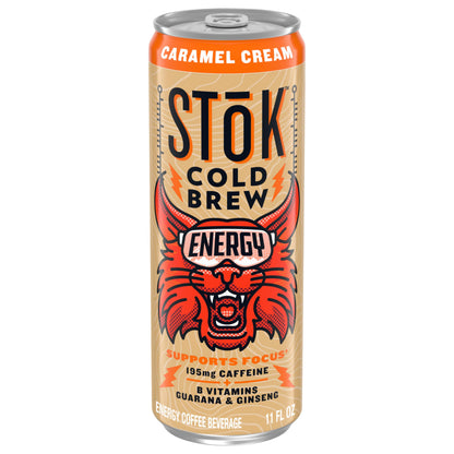 SToK Cold Brew Energy Caramel Cream, Ready to Drink Canned Coffee with 195mg Caffeine to Help Support Focus, B Vitamins, Guarana and Ginseng, 11 fl oz