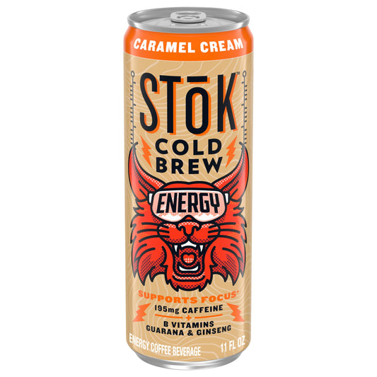 SToK Cold Brew Energy Caramel Cream, Ready to Drink Canned Coffee with 195mg Caffeine to Help Support Focus, B Vitamins, Guarana and Ginseng, 11 fl oz