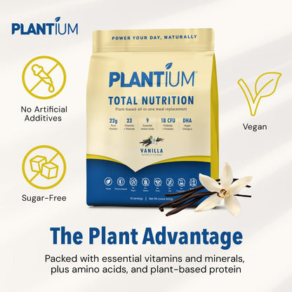 Plantium Total Nutrition, Premium All-in-One Meal Replacement Shake, Plant-Based Protein Powder with Vitamins, Minerals & Probiotics, 22g Protein per Serving, Vanilla