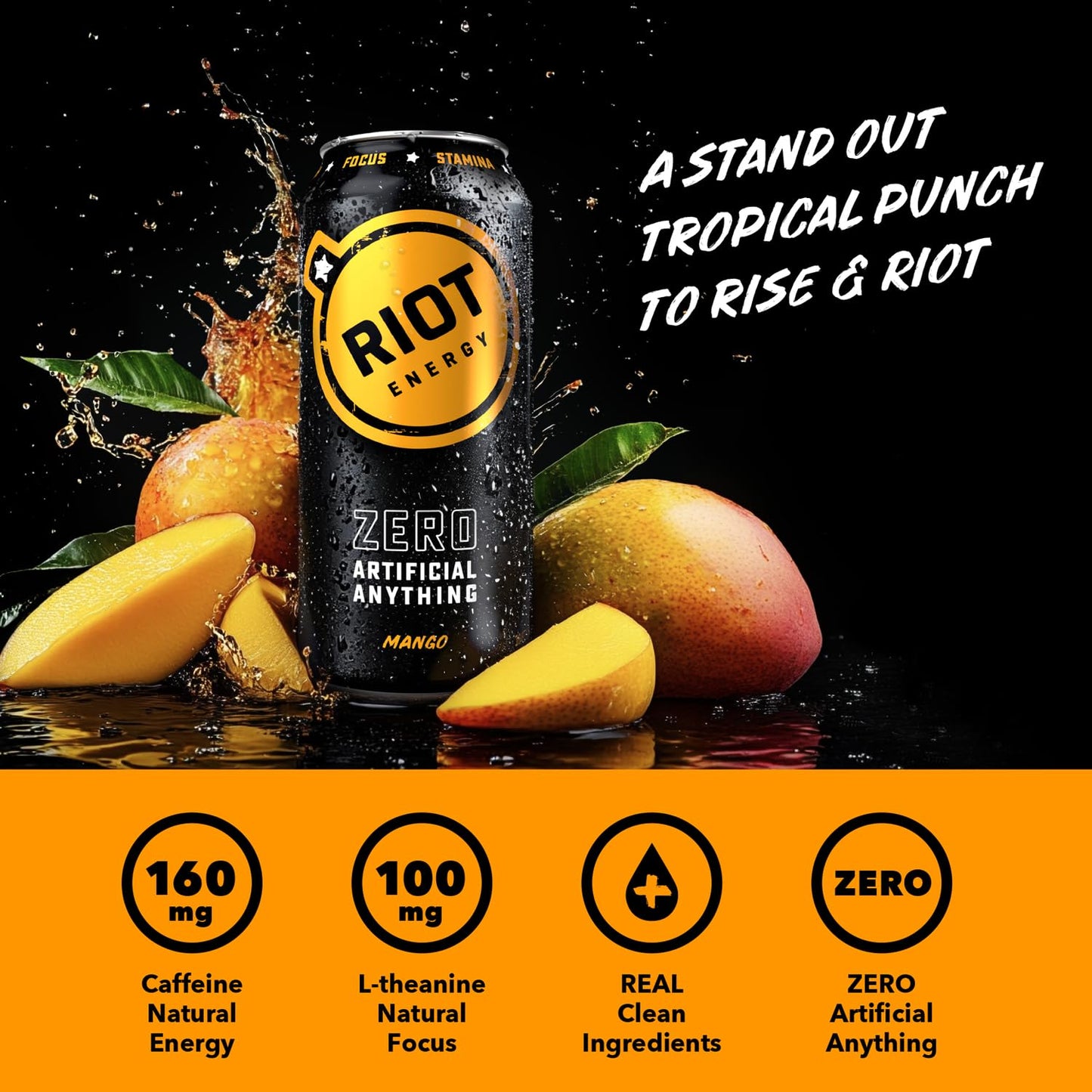 RIOT Clean Energy Drink, Mango, Organic, No Sugar Added, Made with Real Fruit, 100mg L-Theanine, 16 fl oz
