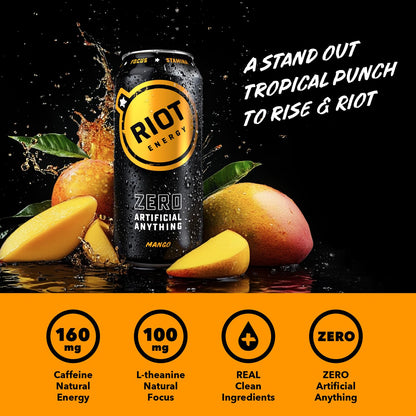RIOT Clean Energy Drink, Mango, Organic, No Sugar Added, Made with Real Fruit, 100mg L-Theanine, 16 fl oz