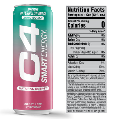 C4 Smart Energy Drink - Sugar Free Performance Fuel & Nootropic Brain Booster, Coffee Substitute or Alternative | Watermelon Burst 12 Oz - 12 Pack
