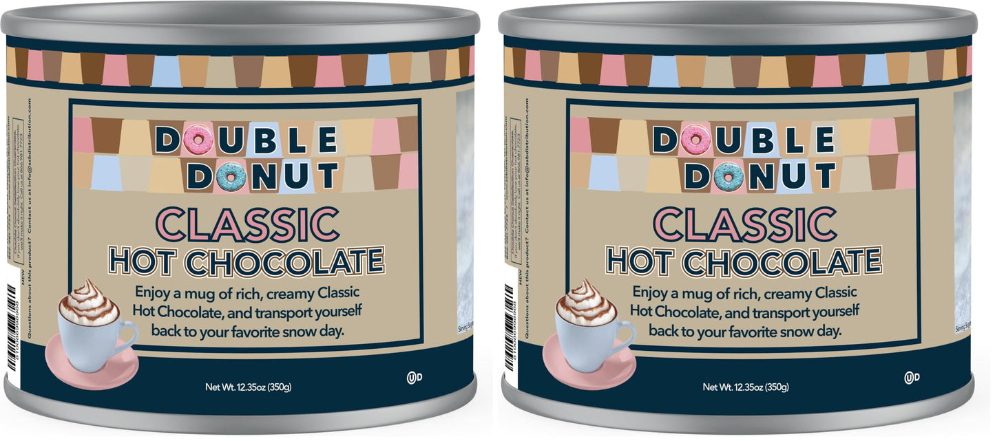 Double Donut Coffee Classic Bulk Hot Chocolate Mix, Rich Hot Cocoa 12 Ounce Canister, Hot Chocolate Powder (Pack of 2)