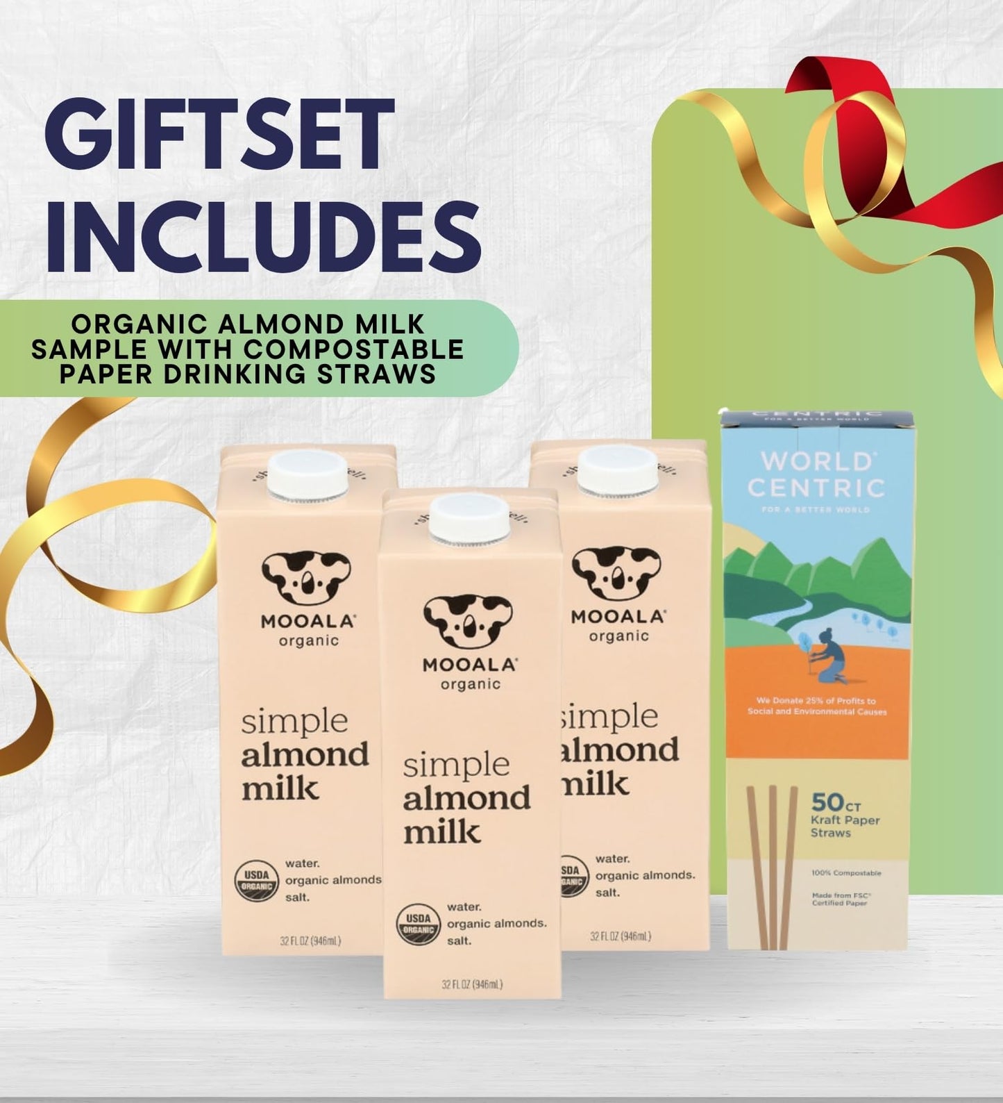 3x Milk Almond Organic Simple 32 fl oz Bundle with Paper Drinking Straws 50-Count – Smooth Plant-Based Almond Beverage with Sea Salt for Everyday Refreshment — Gift Set (4 Items)