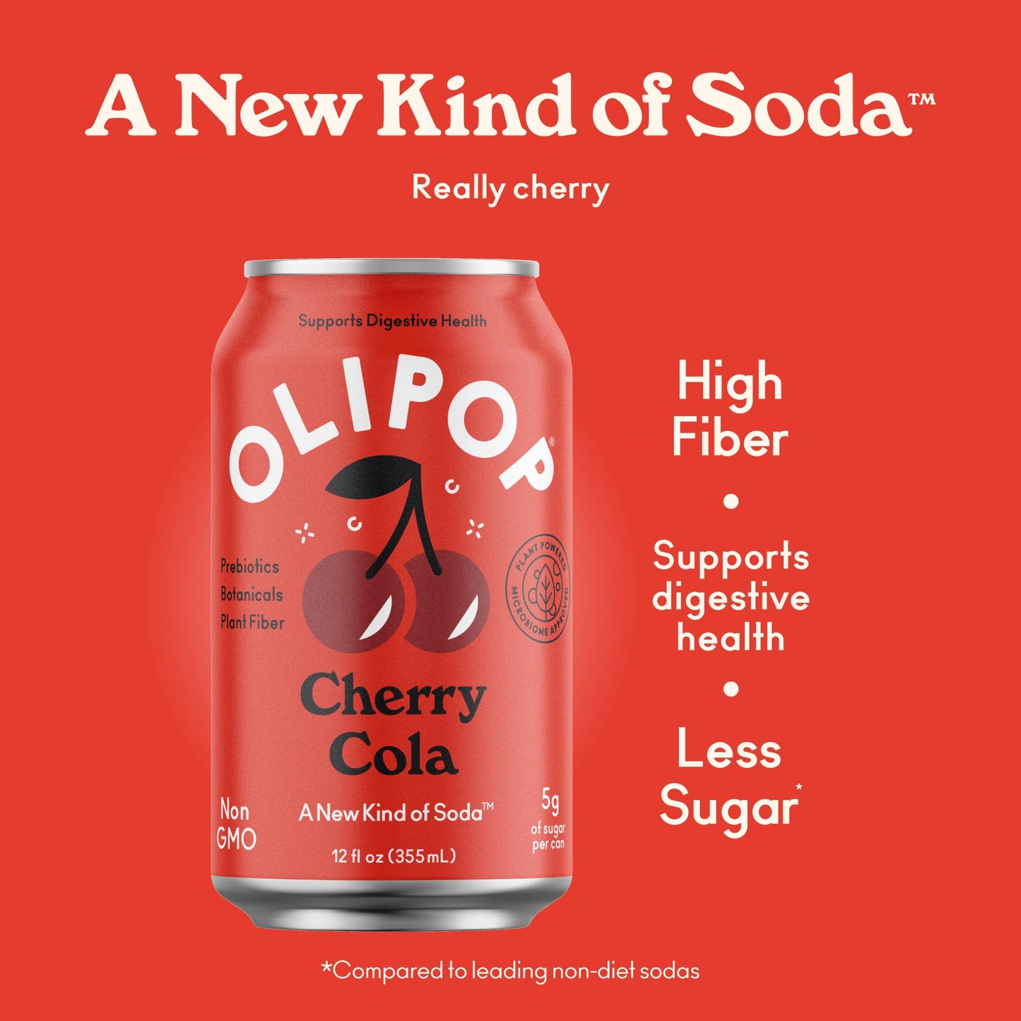 OLIPOP Prebiotic Soda Pop, Cherry Cola, Prebiotics, Botanicals, Plant Fiber, 12 fl oz (4 Cans)