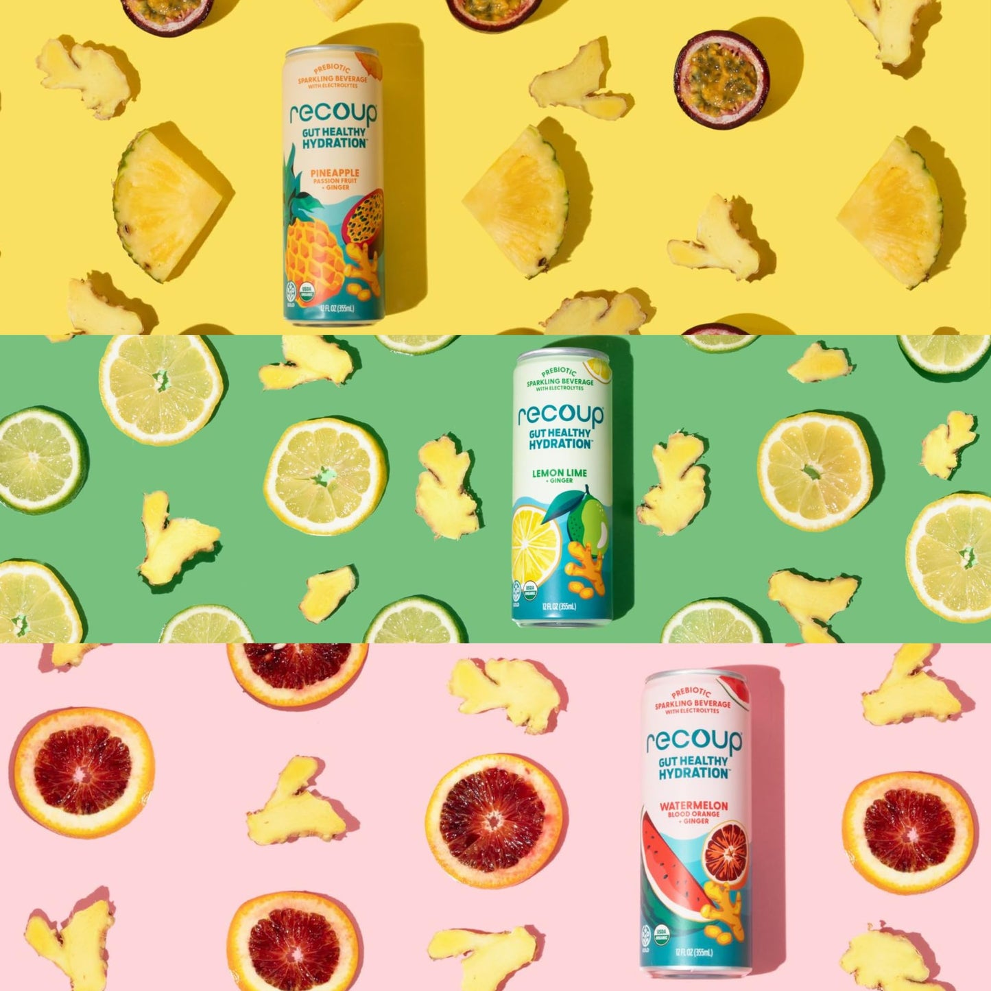 Recoup Organic Sparkling Prebiotic Drink - Ginger with Electrolytes for Gut Health Support & Hydration, No Added Sugar ((Pack of 12), Watermelon Blood Orange + Ginger)
