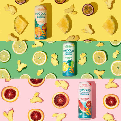 Recoup Organic Sparkling Prebiotic Drink - Ginger with Electrolytes for Gut Health Support & Hydration, No Added Sugar ((Pack of 12), Watermelon Blood Orange + Ginger)