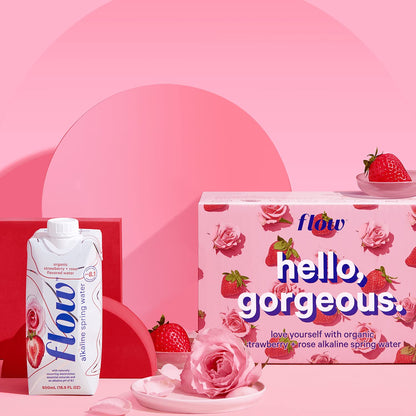 Flow Alkaline Spring Water, Organic Strawberry + Rose, 100% Naturally Alkaline, 500ml (16.9 Fl Oz)