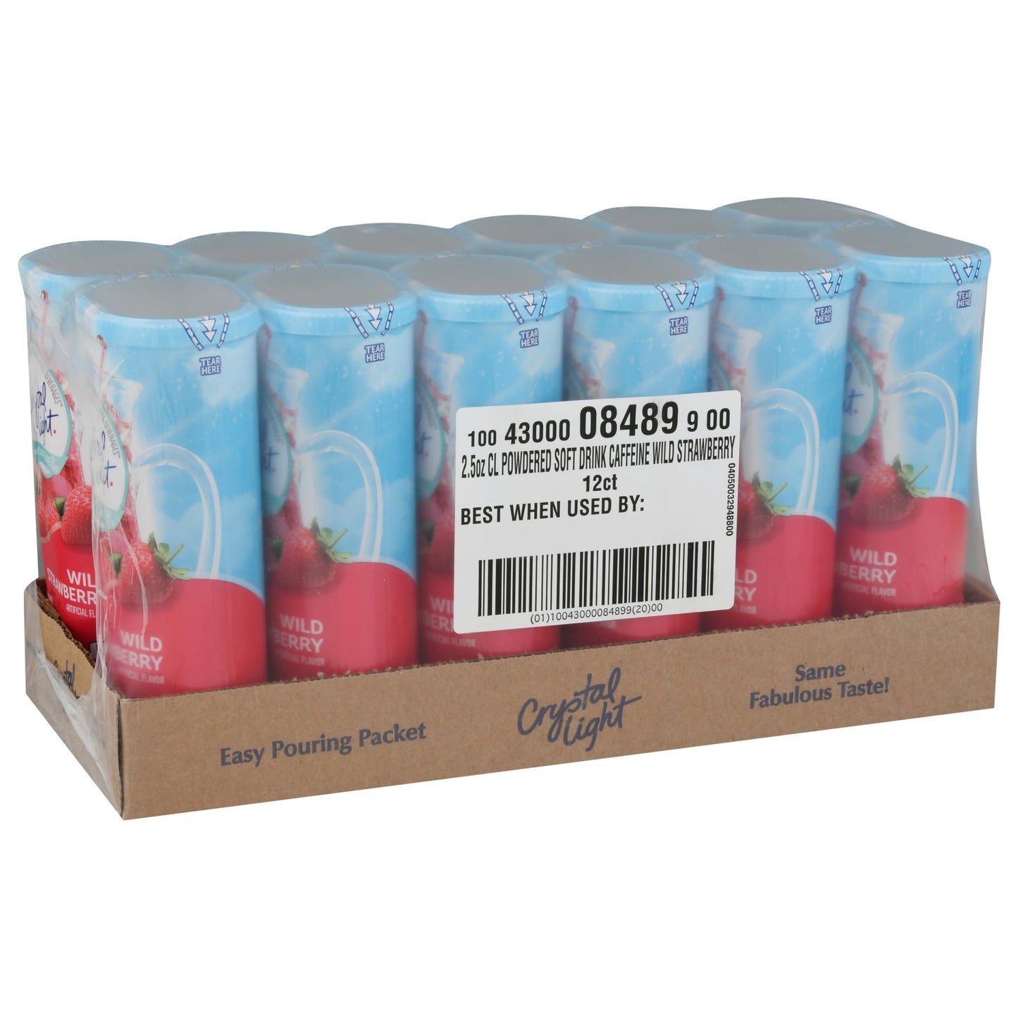 Crystal Light Wild Strawberry Artificially Flavored Powdered Drink Mix with Caffeine, 72 ct Pack, 12 Canisters of 6 Pitcher Packets