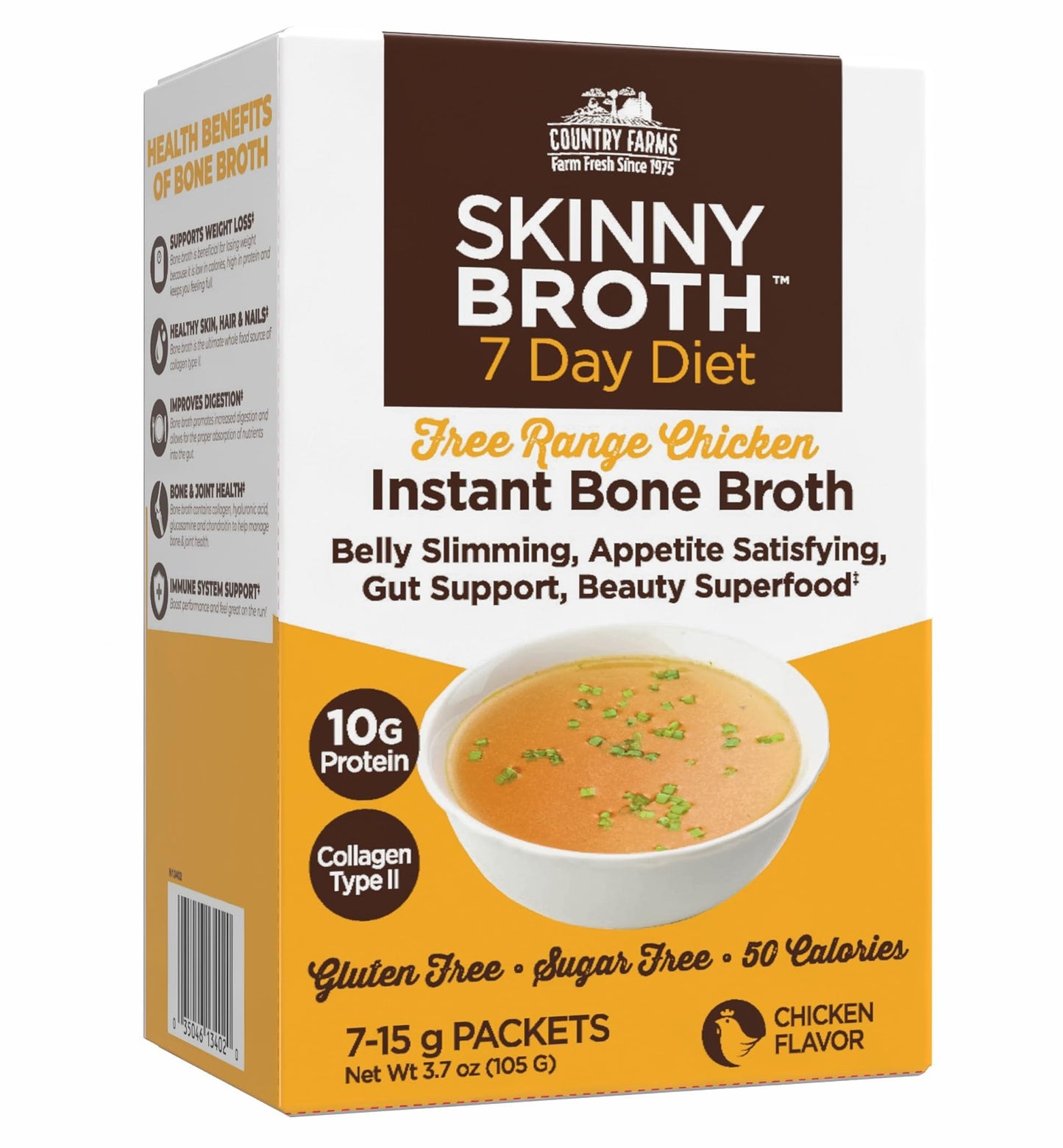 Country Farms Skinny Broth, Instant Chicken Bone Broth, 10G Protein, Collagen Type II, Promotes Better Digestion, Supports Bone Health, 7 Day Plan, 7-15g Packets