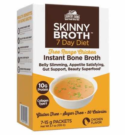 Country Farms Skinny Broth, Instant Chicken Bone Broth, 10G Protein, Collagen Type II, Promotes Better Digestion, Supports Bone Health, 7 Day Plan, 7-15g Packets