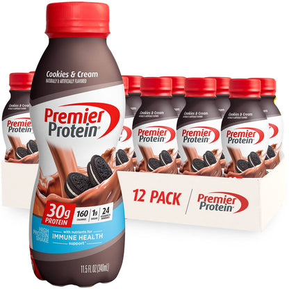Premier Protein Shake Cookies & Cream and Café Latte Flavors, 30g Protein, 1g Sugar, 24 Vitamins & Minerals, 12 Packs