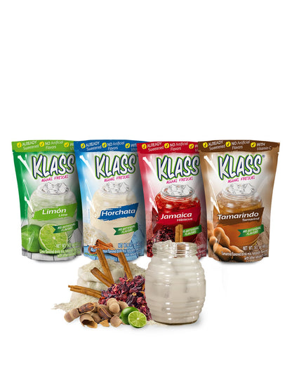 Klass Aguas Frescas Drink Mix Mexican Variety Pack - Horchata Limeade Hibiscus & Tamarind - Powder Drink Mix, Water Drink Mix with Natural Flavors & Vitamin C, Makes 28 to 36 Quarts (56 to 72 Drinks)