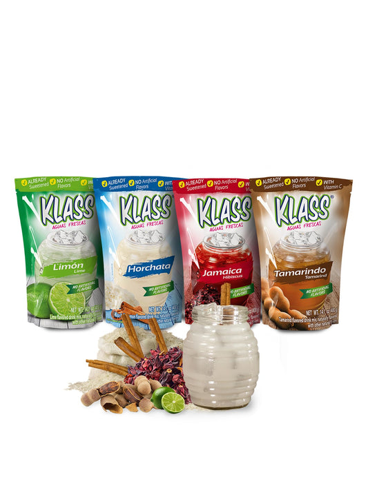 Klass Aguas Frescas Drink Mix Mexican Variety Pack - Horchata Limeade Hibiscus & Tamarind - Powder Drink Mix, Water Drink Mix with Natural Flavors & Vitamin C, Makes 28 to 36 Quarts (56 to 72 Drinks)
