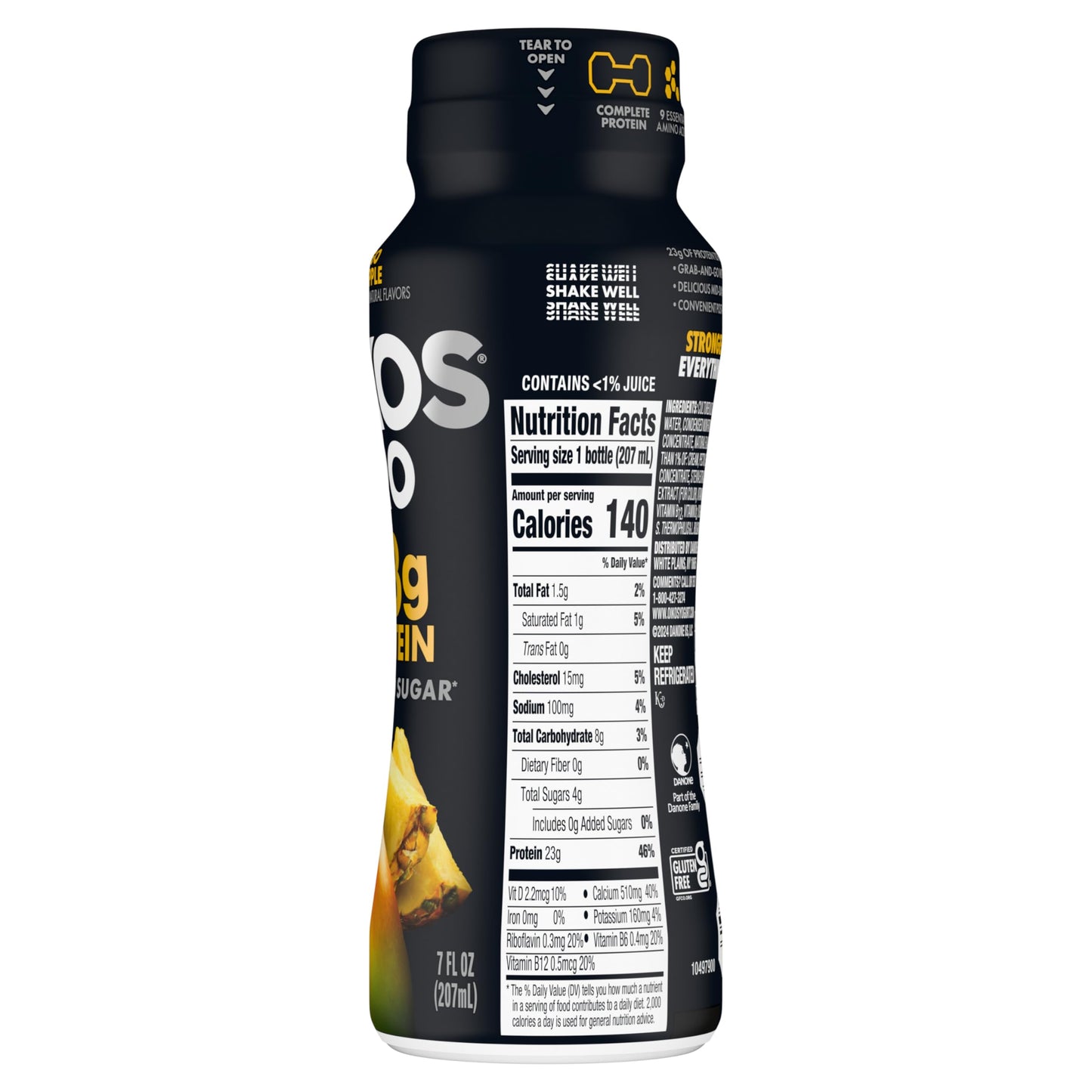 Oikos Pro Mango Pineapple Cultured Dairy Drink, 23 Grams of Protein, 0g Added Sugar, Just Delicious High Protein Snacks, 7 FL OZ Bottle