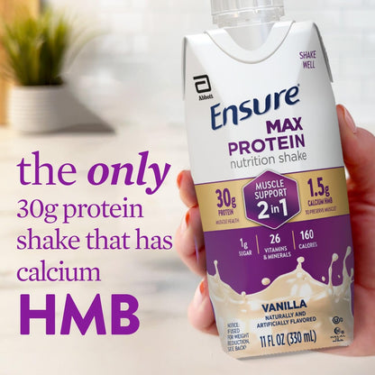 Ensure Max Protein Shake | 2-in-1 Muscle Support | 30g High Protein | HMB | 26 Vitamins & Minerals | Ready to Drink | Vanilla | 11 fl oz, 12 pack