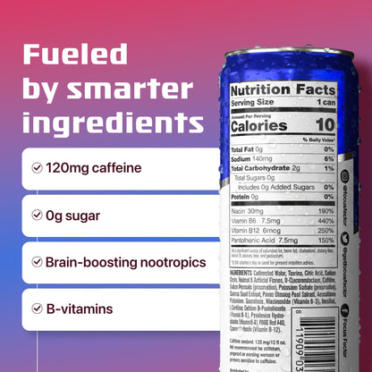 Focus Factor Energy Drink - 12 x 355ml Cans (Berry Flavour) - with Focus + Energy - Lightly Carbonated, Sugar Free, Low Calorie with Vitamin B6 & Vitamin B12