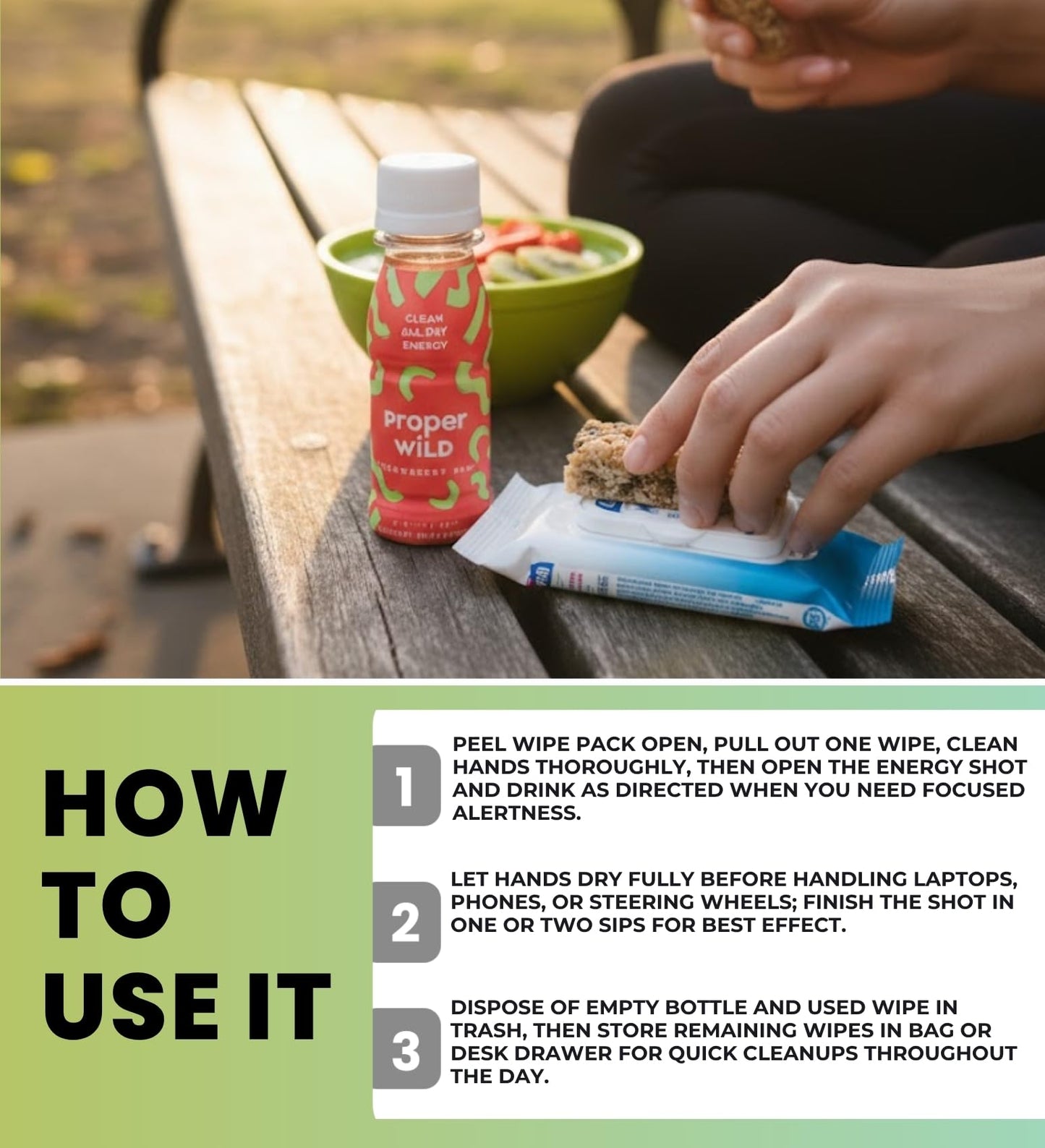 3x Proper Wild Shot Energy Strawberry Kiwi 2.5 FO Bundle with Hand Sanitizing Wipes – Clean Energy Shots with GreenTea Caffeine & L-Theanine for Focus and Endurance — Gift Set (4 Items)