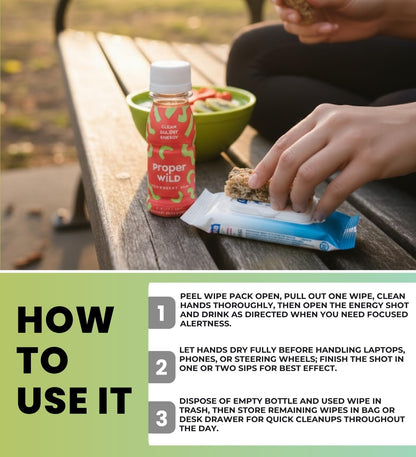 3x Proper Wild Shot Energy Strawberry Kiwi 2.5 FO Bundle with Hand Sanitizing Wipes – Clean Energy Shots with GreenTea Caffeine & L-Theanine for Focus and Endurance — Gift Set (4 Items)