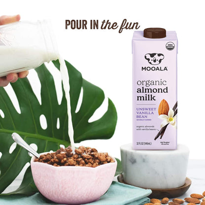 Mooala Organic Vanilla Bean Almond Milk Unsweetened 32 fl oz (Pack of 6) – Shelf-Stable, Lactose Free, Gluten-Free, Vegan, No Added Sugar, Plant-Based Beverage