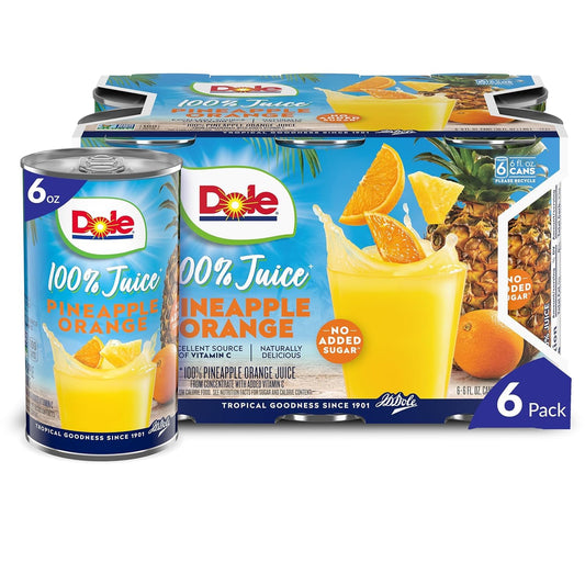 Dole 100% Pineapple Orange Juice, No Added Sugar, Excellent Source of Vitamin C, 100% Fruit Juice, 6 Fl Oz (Pack of 6), Packaging May Vary