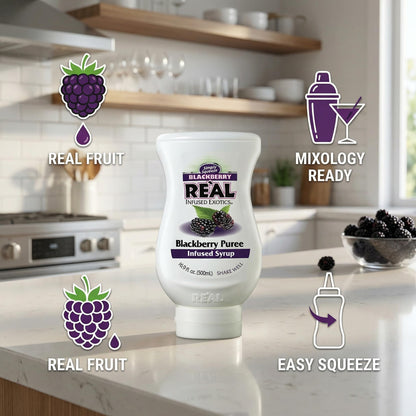 Blackberry Real Infused Exotics Syrup – 16.9 fl oz Bottle – Drinks and Desserts – Puree Fruit and Blackberries with Food Bag Clips