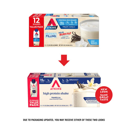 Atkins Vanilla High Protein Shake, 15g Protein, Low Glycemic, Low Carb and Low Sugar Protein Shakes, Keto Friendly Ready to Drink Shakes, 12 Vanilla Flavored Protein Shakes