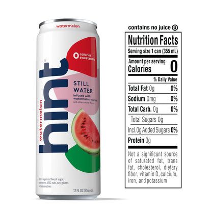 Hint Watermelon Canned Flavored Water, Pure Still Water Infused with Watermelon Essence, 12 oz Slim Cans, Zero Sugar, Calories, Sweeteners, Preservatives, or Artificial Flavors (Pack of 12)