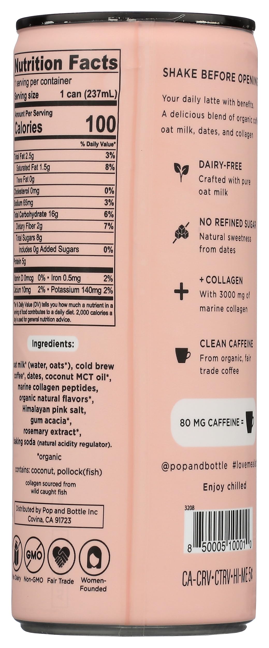 POP AND BOTTLE Vanilla Oat Milk Latte with Collagen, 8 FZ