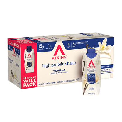 Atkins Vanilla High Protein Shake, 15g Protein, Low Glycemic, Low Carb and Low Sugar Protein Shakes, Keto Friendly Ready to Drink Shakes, 12 Vanilla Flavored Protein Shakes