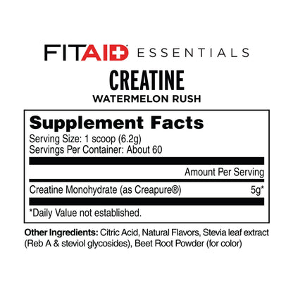 FITAID Creatine Monohydrate Powder, CreaPure, Watermelon Rush, ATP Production for Weightlifting, Cycling, Zero Sugar, Smooth-Mixing, Easy on Stomach, Resealable, 60 Servings