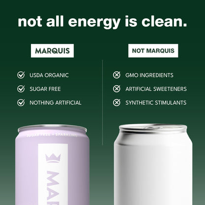 Marquis Natural Energy Drinks Sugar Free Zero Calories 100mg Organic Plant Based Caffeine Yerba Mate Green Tea & Green Coffee - Vitamin C & B - Lemon Lavender Healthy Energy Drink - 12oz Cans, 12 Pack