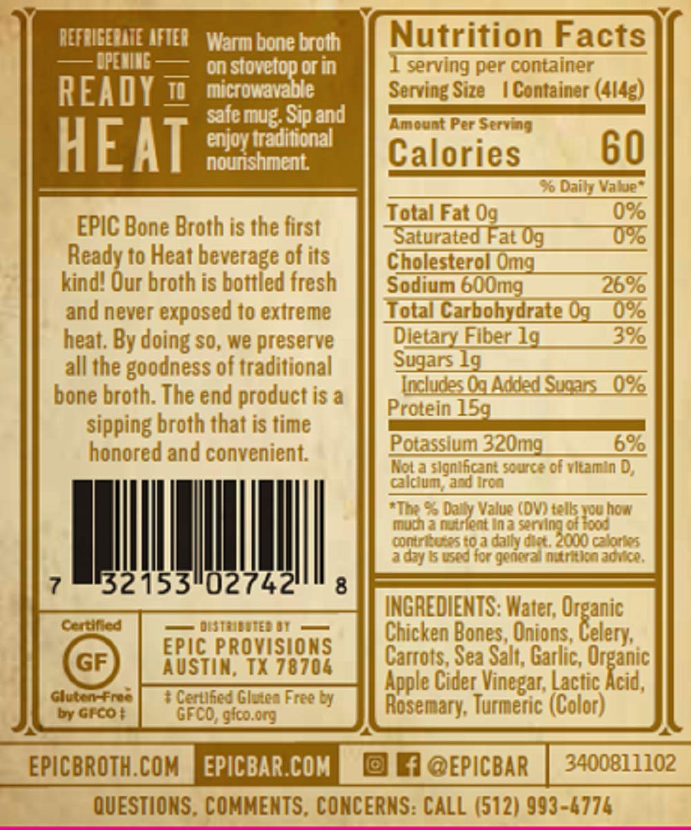 Epic Artisanal Bone Broth, Homestyle Savory Chicken, 14 oz. (3 Pack)