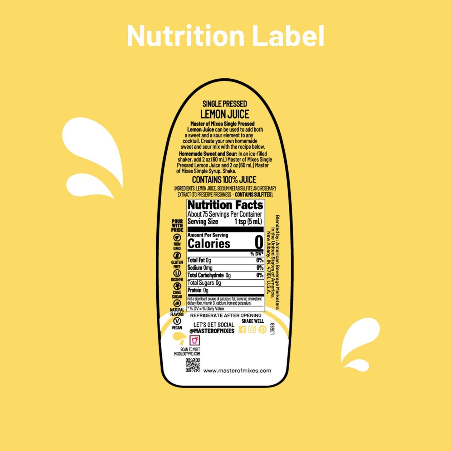 Master of Mixes Cocktail Essentials Single Pressed Lemon Juice, 375 ML Bottle (12.7 Fl Oz)