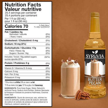 Syruvia Coffee Syrup, Butter Pecan Flavored Syrup for Drinks, Lattes, and Desserts – 25.4 fl oz
