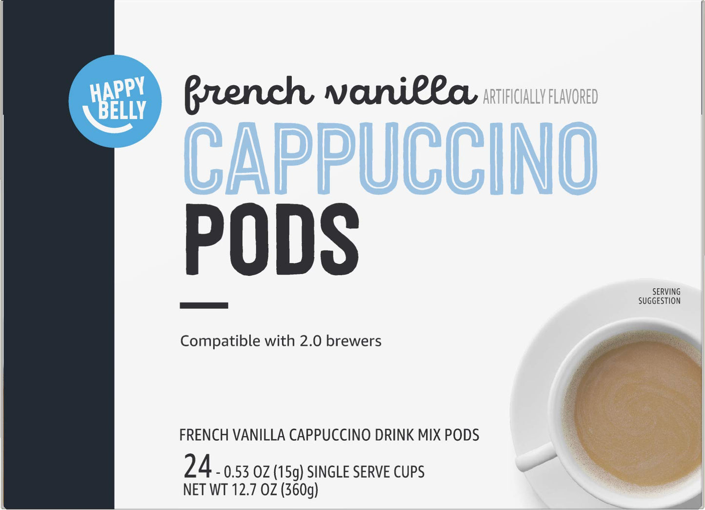 Happy Belly Cappuccino Coffee Pods Light Roast Compatible with 2.0 K-Cup Brewers, French Vanilla Flavored, 24 Count, 12.7 Ounce