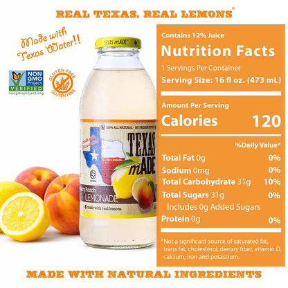 Texas mADE Fredericksburg Peach Lemonade, Lemonade Made with Pure Cane Sugar and Peach Flavor, No Preservatives, Texas Crafted Lemonade, 16 fl oz, Pack of 12